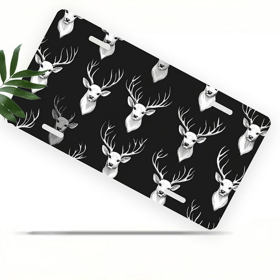 License Plate, Deer Heads Pattern Decorative Front,Personalized Stainless Steel License Plate Cover For Men Women,12.2" X 6.2"