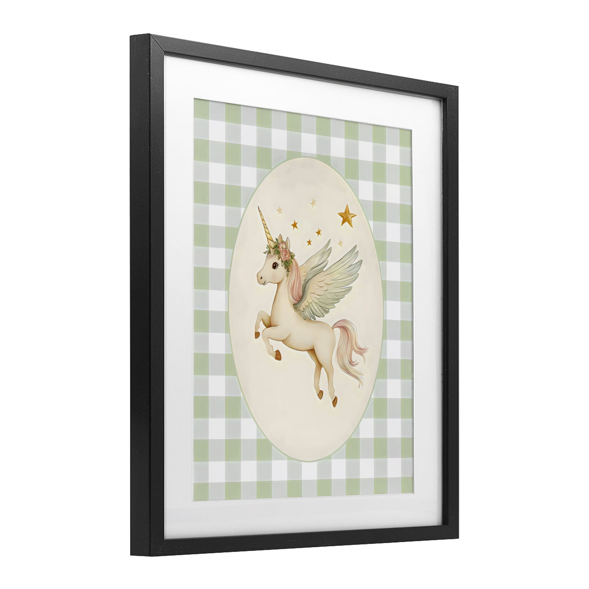 Stupell Industries Winged Unicorn over Green Gingham Black Framed Print Under Glass, design by Arlington Prints