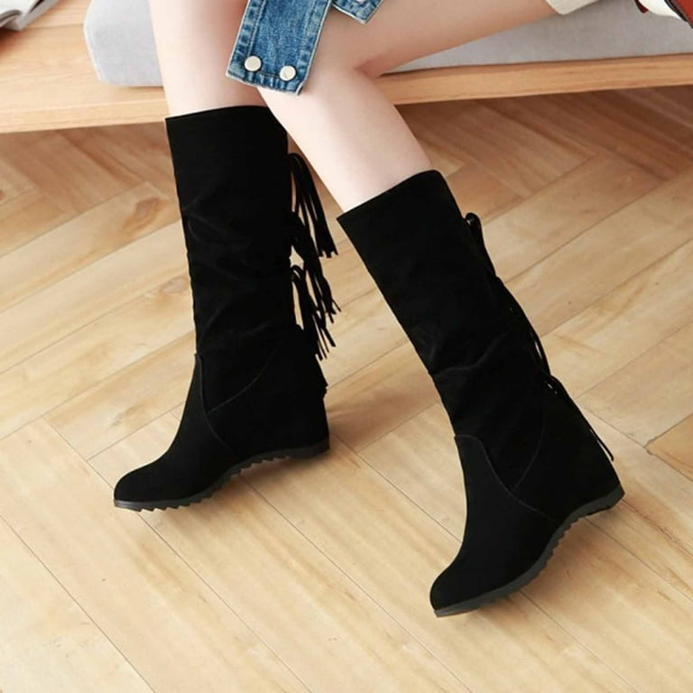 HSMQHJWE Rain Boots For Women Wide Calf Size 12 Womens Boots 10 Wide Calf Women S New Tassel Boots In Autumn And Winter Slope Heel Frosted Inner