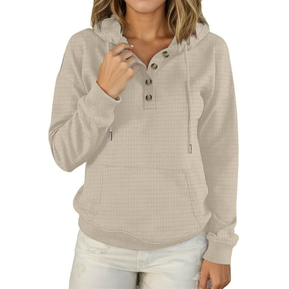 Bibifish Womens Hoodies Waffle Oversized V Neck Button Down Hoodies Fall Winter Drawstring Pullover Ladies Hooded sweatshirts With Pocket