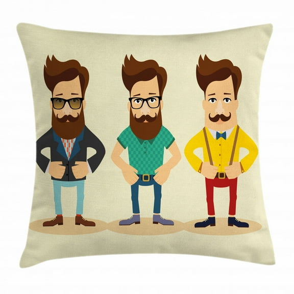 Geek Throw Pillow Cushion Cover, Hipster Fashion Themed Cartoon Image of Men Wearing Pullovers Jackets and Suspenders, Decorative Square Accent Pillow Case, 20 X 20 Inches, Multicolor, by Ambesonne