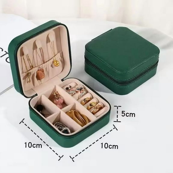 Leather Portable Jewelry Box With Zipper Lock Double-layered Organizer | Mini Jewelry Box for Earrings, Necklaces, Rings, Bracelets | Dark Green