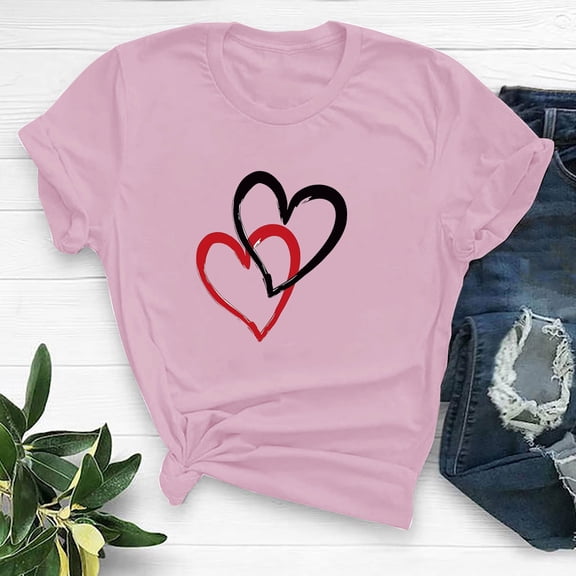 SOOMLON Valentine's Day Shirts for Women Lover Valentines Gift Tunic Short Sleeve Scoop Neck Shirts Funny Love Heart Graphic Tshirts Fashion Holiday Clothes 2025 Pink XL