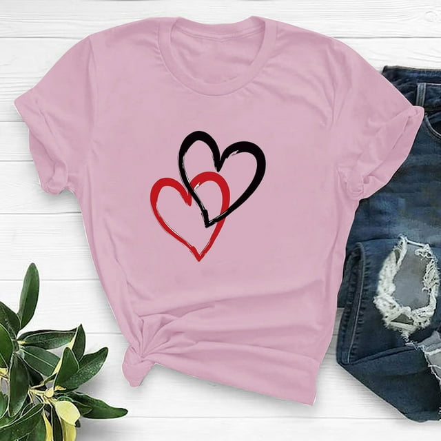 QIPOPIQ T-Shirts Graphiques pour Femmes Saint-Valentin Manches Courtes Chemises Imprimées Cœur Blouse Tops Liquidation