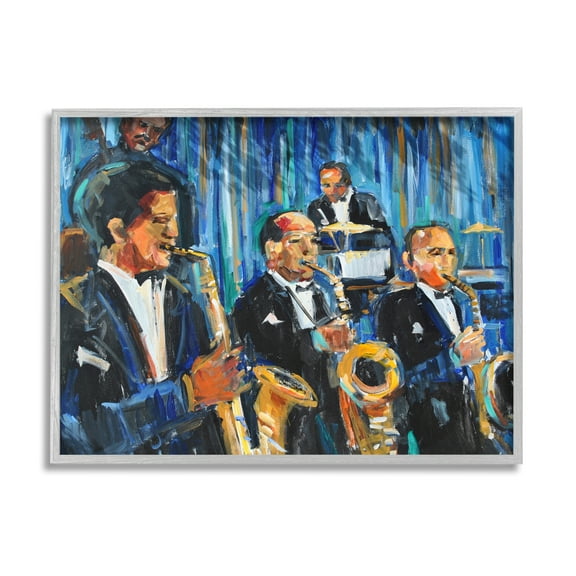 Stupell Industries Contemporary Saxophone Jazz Ensemble Expressive Musicians Beauty & Fashion Painting Gray Framed Art Print Wall Art, 16 x 20