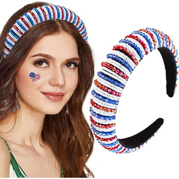 shiyou-4th of July Headbands White Beaded Hair Band Chunky Padded Hair Hoop Wide Head Band for Women and Girls (Type A)