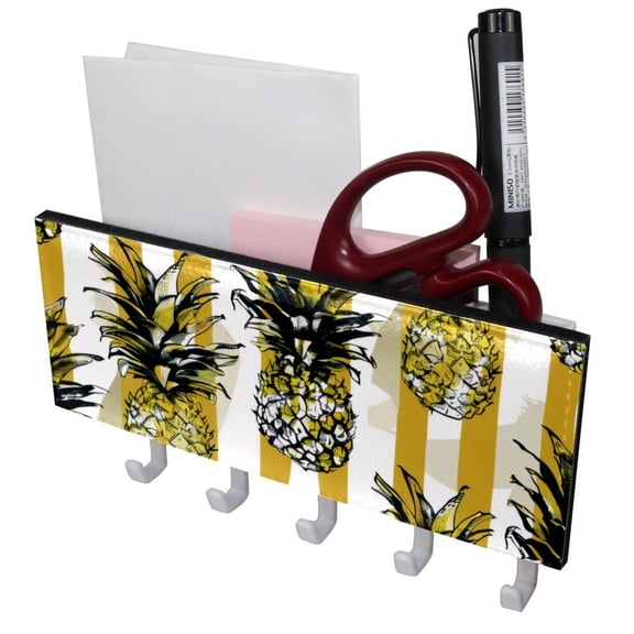 PhooArto Key Holder for Wall Decorative with 5 Key Hooks, Pineapple Yellow Stripes Pattern Holders Wall Mount Organizer with Mail Key Rack, Self Adhesive