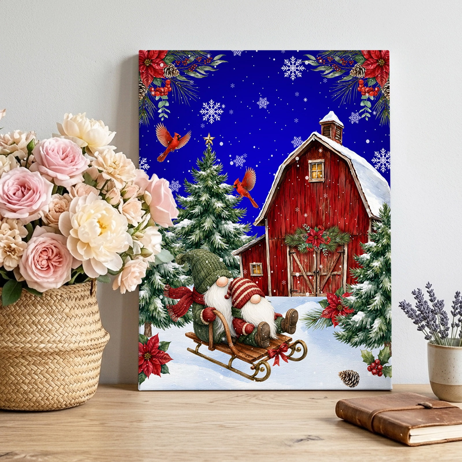 Christmas Gnome Canvas Wall Art Red Wooden Barn Pine Tree Birds Cobalt Blue Pictures Wall Decor Wooden Framed Artwork Art Prints for Living Room Hallway Bedroom Office 24 x32