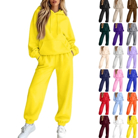 WULMLEO 2 Piece Sets Women Matching Hooded Sweatshirts and Wide Leg Joggers Cute Tracksuit Set Casual Relaxed Travel Sweatsuit Outfits Yellow XL