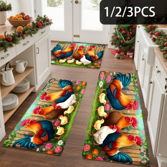 3PCS Kitchen Mat set, Welcome Door Flannel Rug,Home Decor for Front Door,Kitchen, Bathroom, Colorful Roosters On Green Background ,Great gift for Family and Friends.