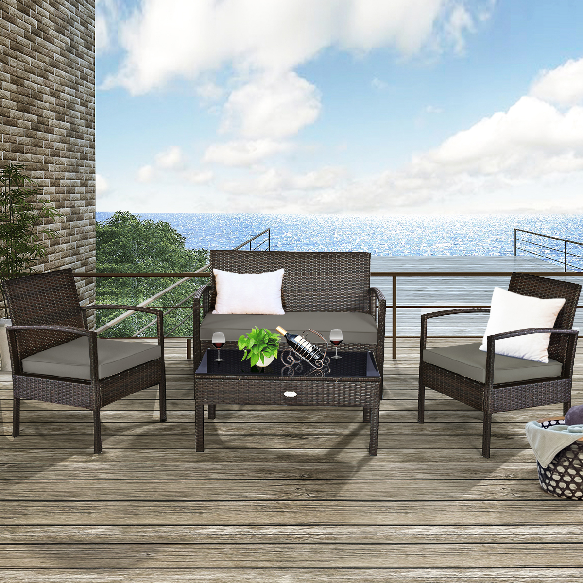 Patiojoy 4 Pieces Outdoor Patio Rattan Furniture Wicker Conversation Set Cushioned - image 3 of 5