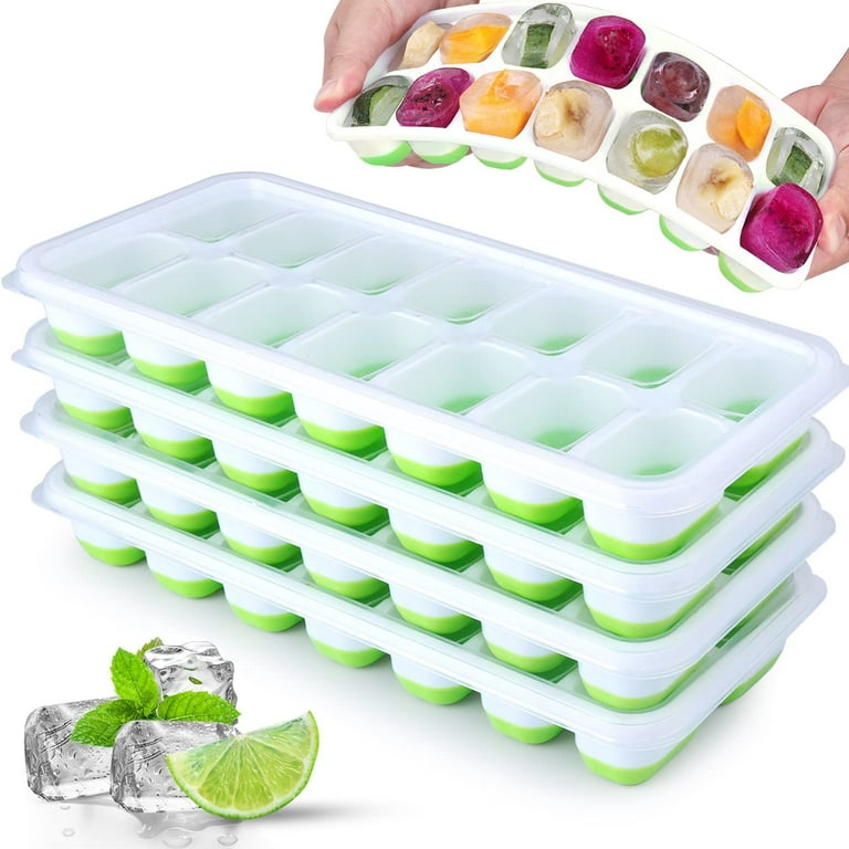 ARTLEO Ice Cube Tray with Lid and Bin, 4 Pack Silicone Plastic Ice Cube Trays for Freezer with Ice Storage Box, Easy Release Ice Trays with