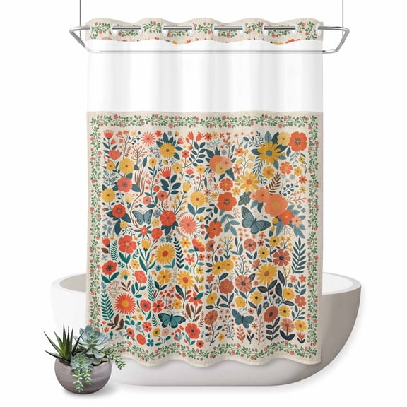 No Hook Shower Curtain, Boho Beige Flowers Shower Curtains for Bathroom with See Through Top Window, Spring Abstract Watercolor Floral Leaf Waterproof & Washable Bath Curtain Extra Long 72"x84"