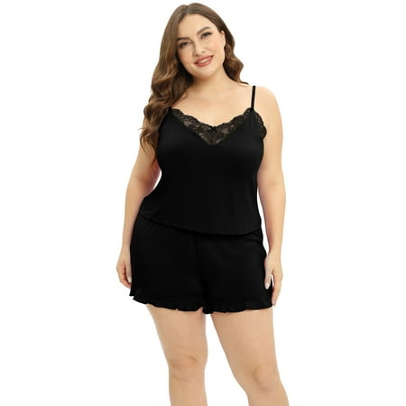

Xmarks Sexy Pajamas Plus Size for Women Lace Cami PJ Set Two Piece Sleep Set with Shorts Black US 14