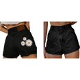 thumbnail image 3 of Womens High Waist Embroidered Denim Shorts Black Flower XXL, 3 of 6