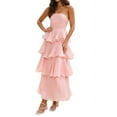 thumbnail image 3 of Women Summer Strapless Maxi Dress Ruffle Tiered Solid Backless Smocked Elegant Flowy Beach Long Dresses Pink S, 3 of 9