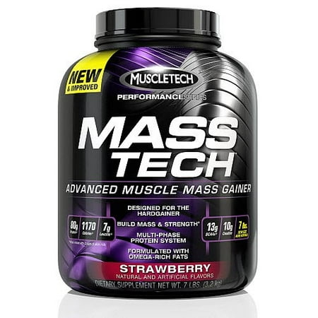 Massive Whey Gainer - Muscletech Mass Tech Gainer Protein Powder, Strawberry, 60g Protein, 7 Lb