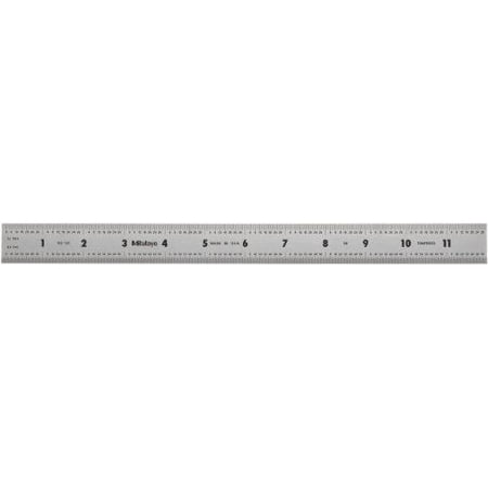 mitutoyo 182-123, steel rule, 12" (5r), (1/32, 1/64, 1/10, 1/100"), 3/64" thick x 1" wide, satin chrome finish tempered stainless steel