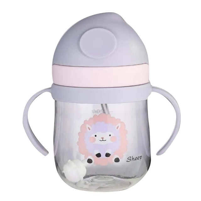 Vaso con pajita para bebé de 250 ml, a prueba de fugas, seguro, de plástico inodoro, sin decoloración, con escala, para niños pequeños, para viajes en casa, morado