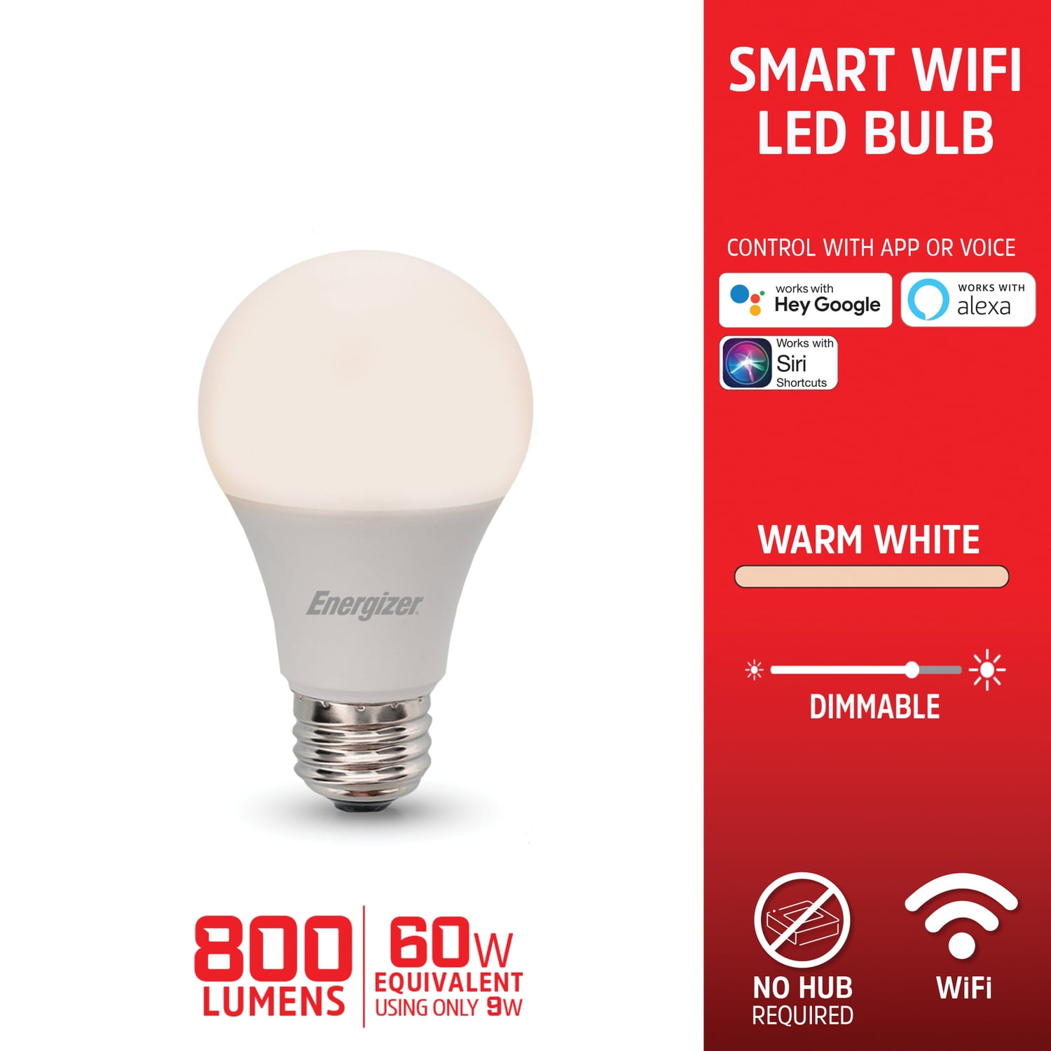 4 Pack Energizer Smart Wi-Fi Dimmable Warm White LED Bulbs, Mobile App Control, A19 E26, 800 Lumens
