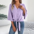thumbnail image 2 of Vynhevius Womens 3/4 Sleeve Blouses V Neck Button Front Tie Hem Flared Solid Loose Casual Pullover Shirts, 2 of 8