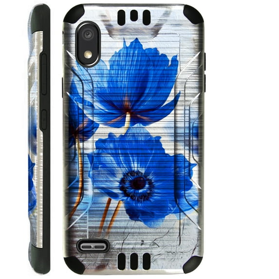 Compatible with TCL A2 Brushed Metal Texture Silver Guard Hybrid TPU Phone Case Cover (Blue Peony Flower)