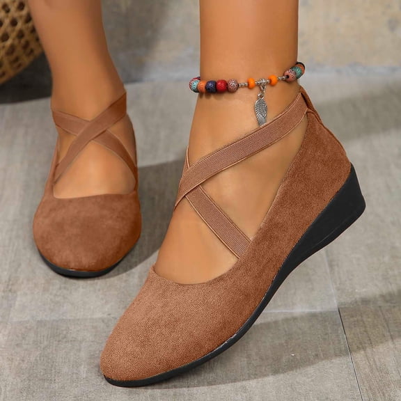 Women's Dress Flats Ballet Low Wedge Round Toe Fashion Elastic Ankle Strap Comfortable Casual Flats Shoes
