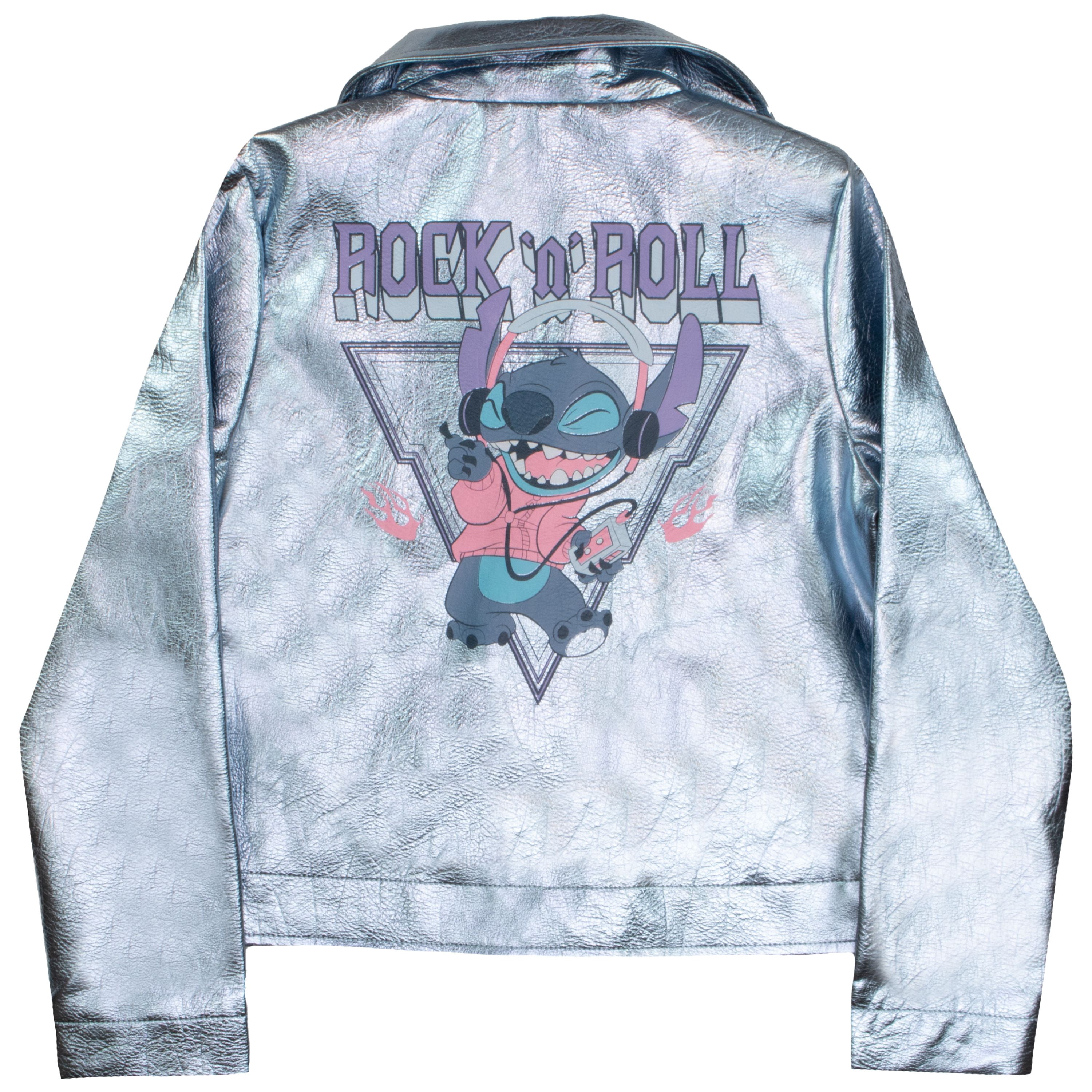 Disney Lilo & Stitch Rock and Roll Girl's Faux Leather Jacket - Zip-Up Moto Biker Jacket for Kids (Size 4-12)