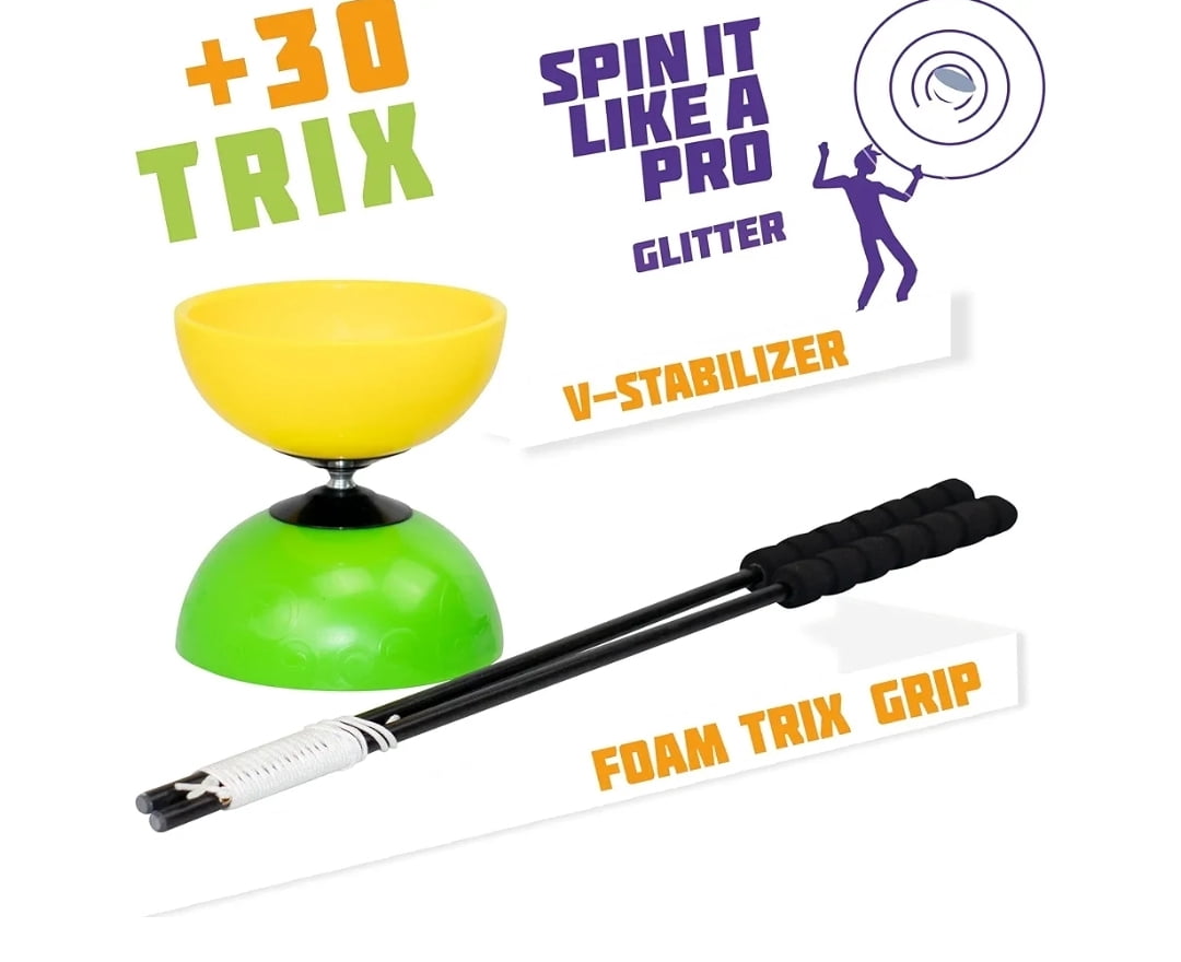 DIABOLO by Funtrix, Spin Like a Pro, Beginner to Expert Levels, Strong Fiberglass Sticks, Comfortable Foam Handles, Durable Braded Cord, Funtrix App Included, 30 Tricks, Green & Yellow, Ages 6+