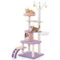 thumbnail image 6 of Amijoy 62" Cute Purple Cat Tree, Multi-level Cat Tower with Sisal Scratching Posts, 3 Pompom Sticks & Dangling Toys, Moon Star Top Perch, 6 of 7