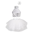thumbnail image 2 of iEFiEL Kids Girls 3 Piece Ballet Latin Dancewear Halter Sparkling Sequins Crop Top with Tulle Tutu Skirt Headwear Dance Stage Wear White 3-4, 2 of 7