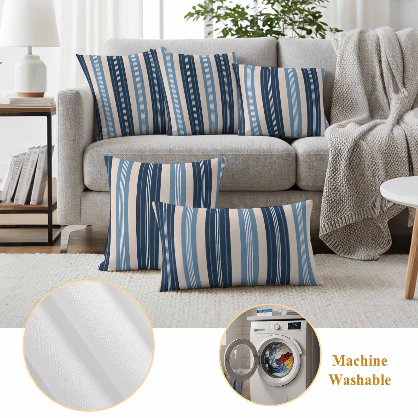 Blue Beige Striped Outdoor Waterproof Pillow Covers, Modern Stripes Art Farmhouse Decorative Square Throw Pillowcase Sofa Cushion Sham for Patio/Couch/Chair, 18"x18" 2 Pack
