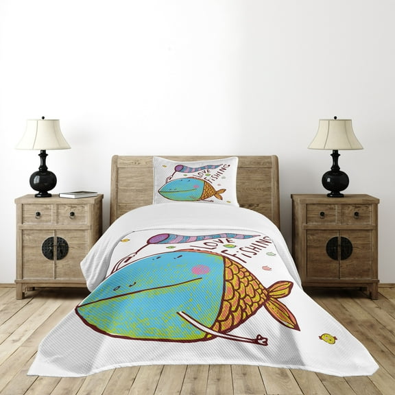 Ambesonne Fish Quilted Bedspread Set 2 Pcs, Funny Cartoon Illustration, Twin Size, Multicolor
