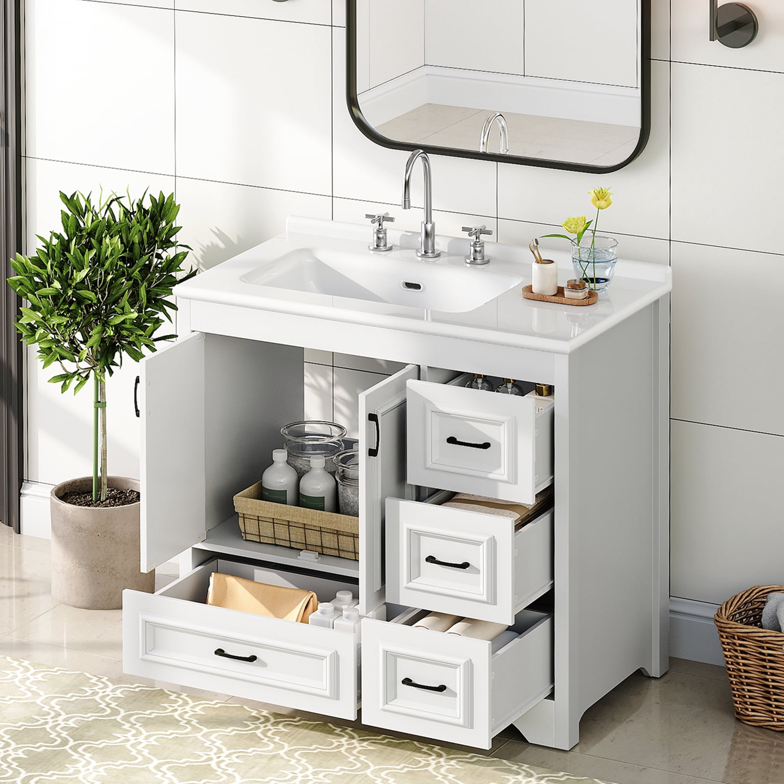 HOOBRO Bathroom Vanity with Sink, Modern Storage Cabinet with Ceramic Countertop, Drawers and Cabinet, Arc Bottom Design and Metal Glides, Drain Kit Not Included, for Bathroom, White WT02BV01