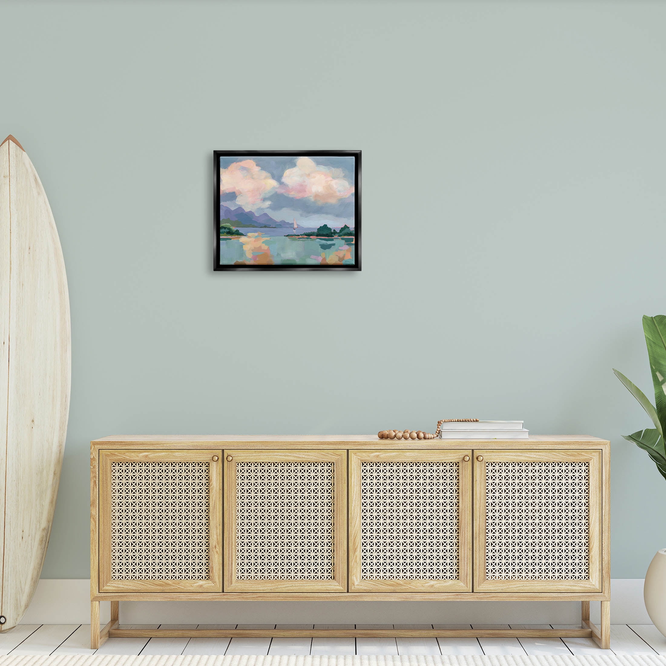 Stupell Industries Escape Peaceful Bay Landscape Painting Jet Black Floating Framed Canvas Print Wall Art, Design by Brinley Designs