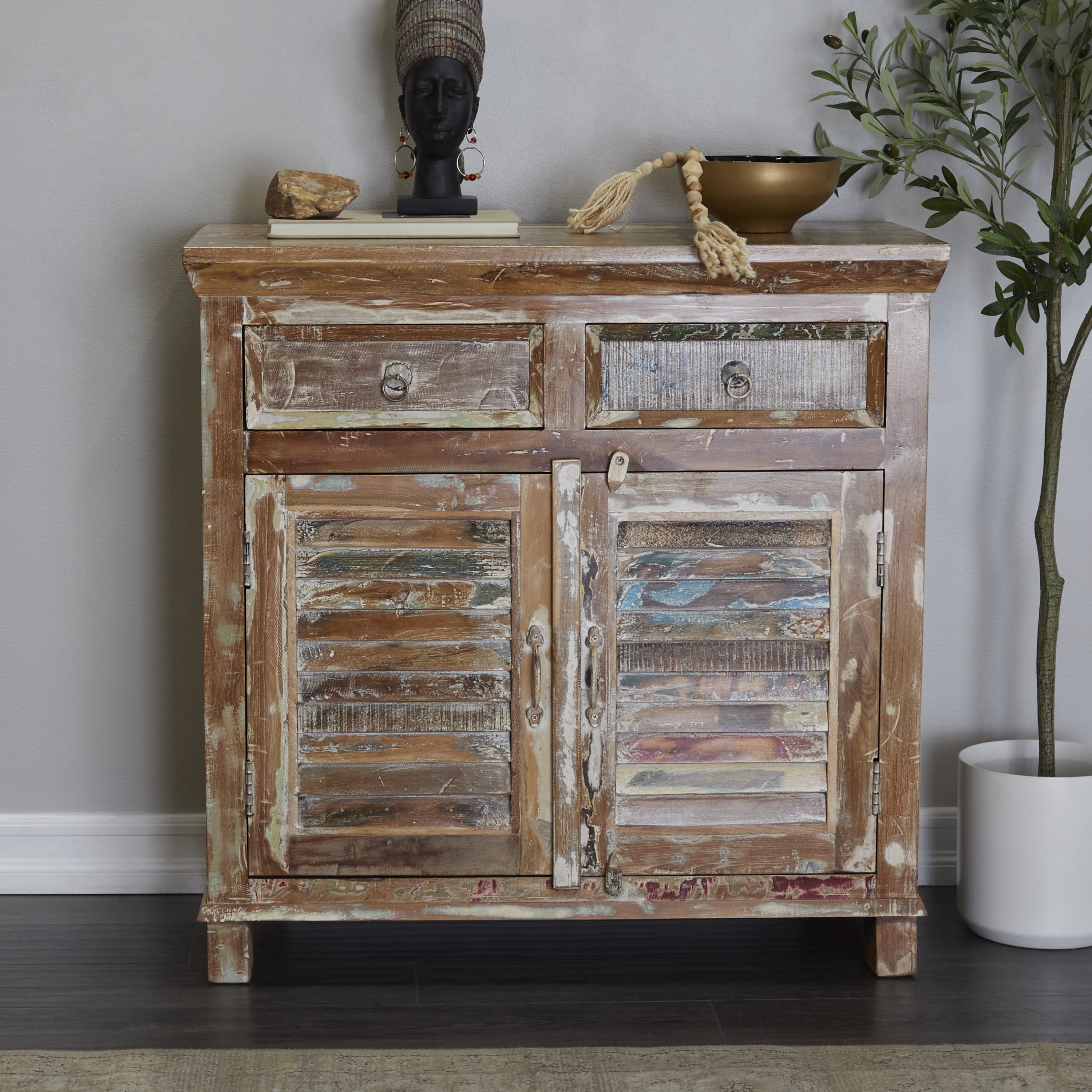 DecMode Rustic Wood Vintage Cabinet 36"W x 36"H with Overall Distressed Brown Finish and Worn Off Details
