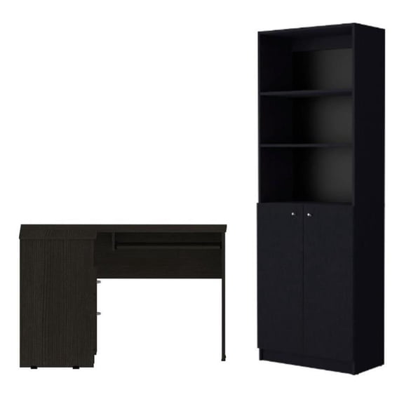 Home Square 2-Piece Set with L-Shaped Desk and 2 Door Bookcase in Black