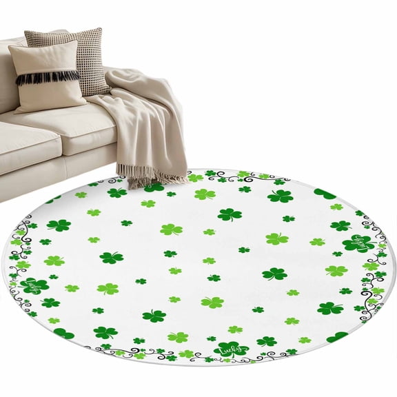 Shamrocks, Round Area Rug 4 FT, Non Slip Indoor Outdoor Rug, Saint Patricks Day Green Green White Washable Soft Circular Carpet Non-Shedding Floor Mat for Coffee Table Nursery Foyer Balcony