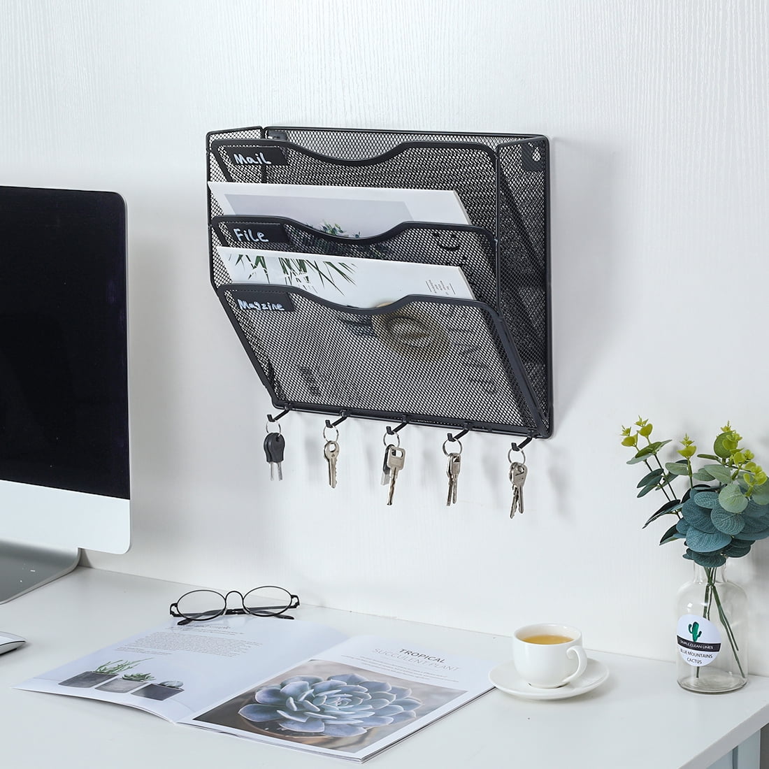 EasyPAG Wall File Organizer 3 Pocket Vertical Mesh Hanging File Holder Paper Rack with Key Hooks | Writting Label Included,Black