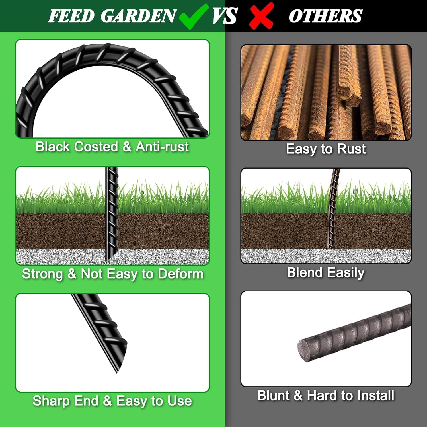 12 Inch 8 Pack Rebar Stakes Heavy Duty J Hook, Galvanized Ground Stakes Tent Stakes Steel Ground Anchors, Chain Link Fence Stakes, Trampoline Stakes, Black