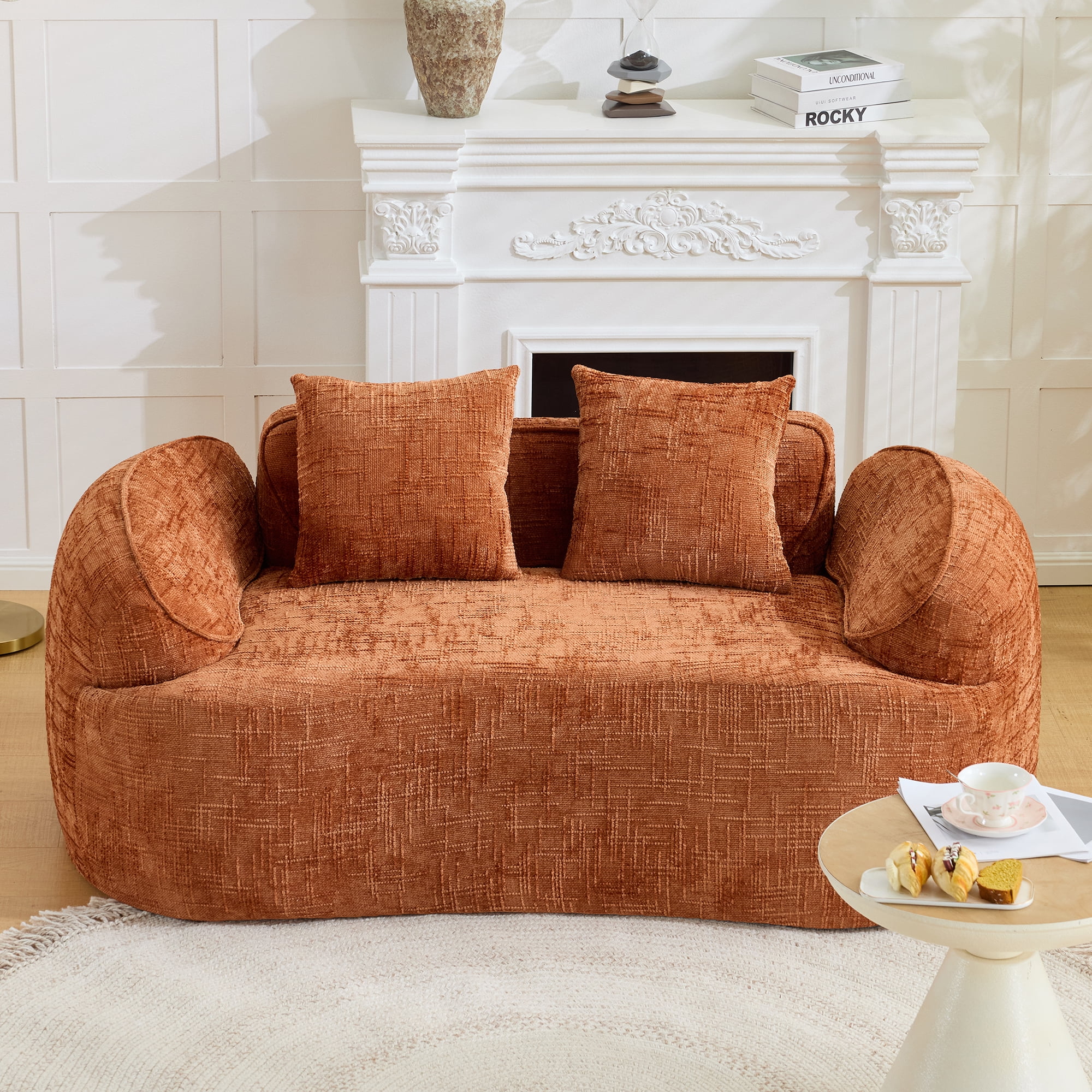 Leumius 66" 2 Seater Sofa Compress Sofa with Armrests & 2 Pillows,No Assembly Required,Compact Sofa Couch for Small Apartments,Living Room,Bedroom,Orange