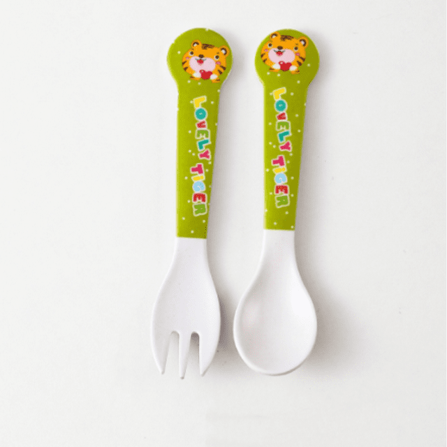 Bamboo Fiber Toddler Self-Feeding Utensils Set: Soft & Safe Training Spoon and Fork with Adorable Tiger Cartoon Design for Baby's Home Mealtime Learning