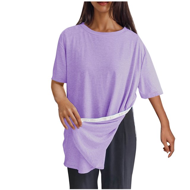 Timegard Tops for Women Crewneck Short Sleeve Side Button Solid Color Comfy Casual Loose Blouse Top