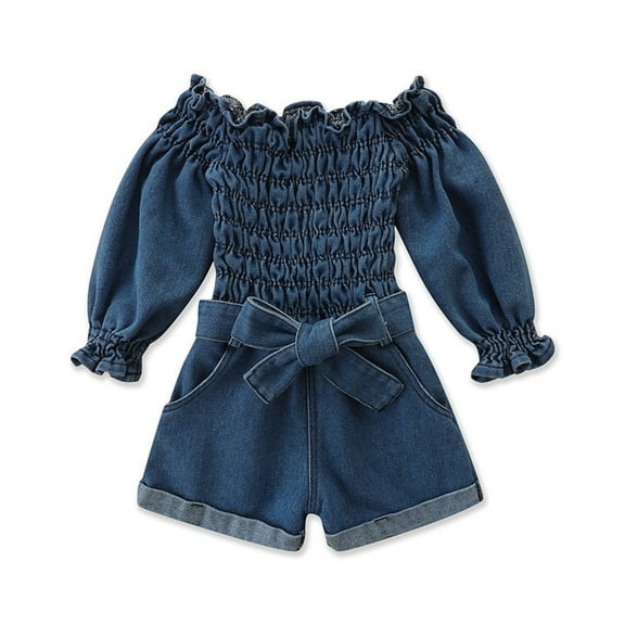 LIIPEE Girls Boys Onesie Ruffled Long Sleeve Off-Shoulder Pleated Denim Romper With Pockets Toddler Leisure Daily One-Pieces,Blue,2-3 Years
