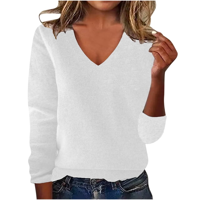 Suéteres de Mujer Tipo Pulóver, Tops de Punto Cálidos de Invierno Ligeros Casuales de Color Sólido con Cuello en V y Mangas Largas Camisas Blancas XXL