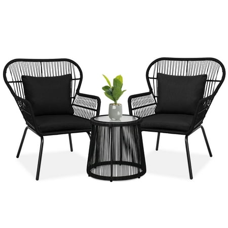 Best Choice Products 3-Piece Patio Conversation Bistro Set Outdoor Wicker w/ 2 Chairs Cushions Side Table - Black