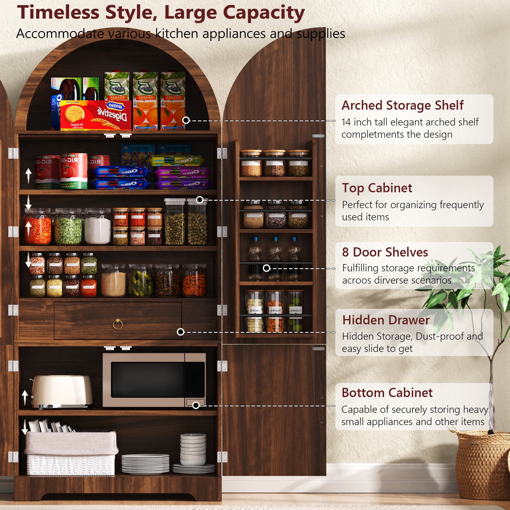 Euroco 72" Tall Arched Kitchen Pantry Cabinet,Fluted Wood Storage Cabinets with 3 Adjustable Shelves, Hidden Drawer & 8 Door Shelves,Versatile Cupboard Organizer for Kitchen Dining Room, Brown