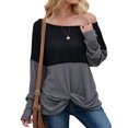 thumbnail image 3 of Women Color Block Crew Neck Long Sleeve Knot Hem Top, 3 of 6