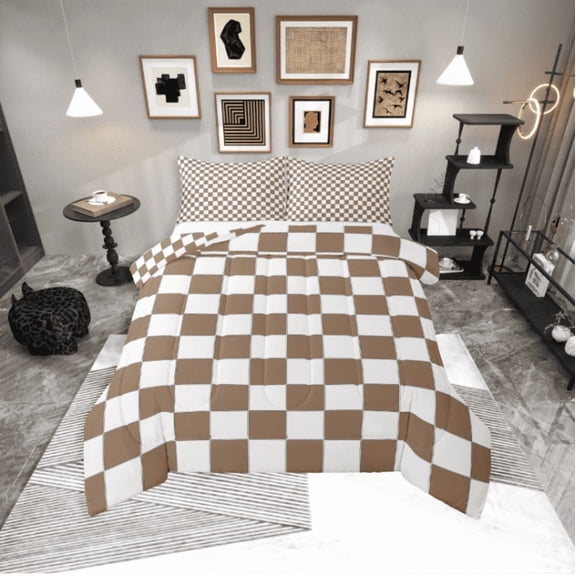 Erosebridal Geometric Checkered Quilt Set White Khaki Checkerboard Grid Bedding Set Queen,Buffalo Plaid Gingham Comforter Set Geometrical Bed Set Modern Room Decor