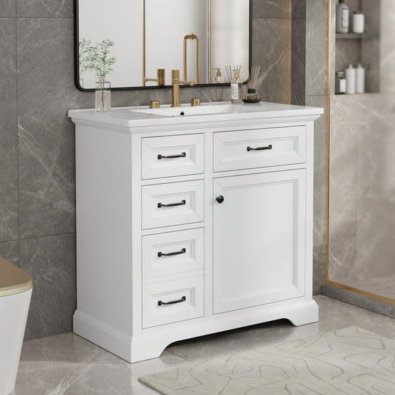 GDF Studio 36" Bathroom Vanity with Ceramic Sink, Freestanding Cabinet with Drawer, Soft-Close Door, White